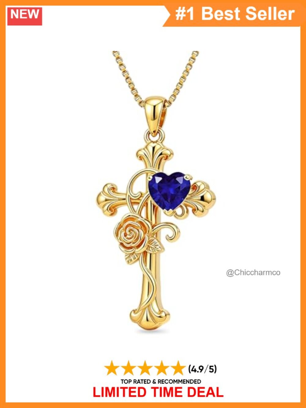 14K Gold Plated Cross Necklace Heart Birthstone Pendant